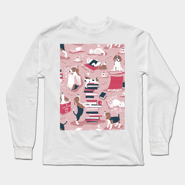 Life is better with books a hot drink and a friend // pattern // pink background brown white and blue beagles and cats and red cozy details Long Sleeve T-Shirt by SelmaCardoso